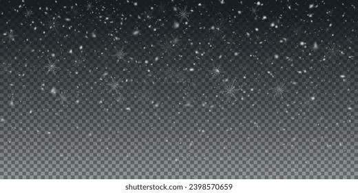 Christmas background with small falling snowflakes. Snow storm effect, blurred, cold wind with snow png. Holiday powder snow for cards, invitations, banners, advertising.