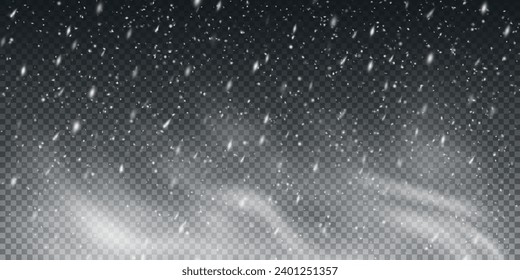 Christmas background with small falling snowflakes. Snow storm effect, blurred, cold wind with snow png. Holiday powder snow for cards, invitations, banners, advertising.
