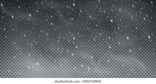 Christmas background with small falling snowflakes. Snow storm effect, blurred, cold wind with snow png. Holiday powder snow for cards, invitations, banners, advertising.