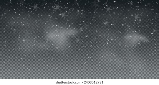 Christmas background with small falling snowflakes. Snow storm effect, blurred, cold wind with snow png. Holiday powder snow for cards, invitations, banners, advertising.