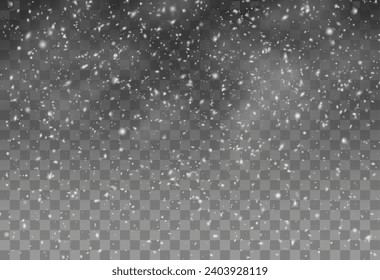 Christmas background with small falling snowflakes. Snow storm effect, blurred, cold wind with snow png. Holiday powder snow for cards, invitations, banners, advertising.