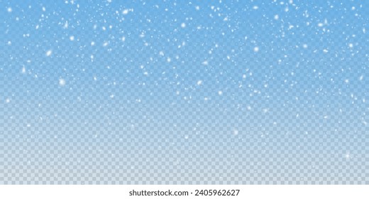 Christmas background with small falling snowflakes. Snow storm effect, blurred, cold wind with snow png. Holiday powder snow for cards, invitations, banners, advertising.