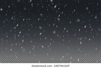 Christmas background with small falling snowflakes. Snow storm effect, blurred, cold wind with snow png. Holiday powder snow for cards, invitations, banners, advertising.