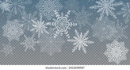 Christmas background with small falling snowflakes. Snow storm effect, blurred, cold wind with snow png. Holiday powder snow for cards, invitations, banners, advertising.