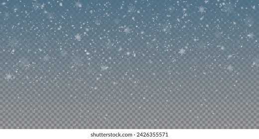 Christmas background with small falling snowflakes. Snow storm effect, blurred, cold wind with snow png. Holiday powder snow for cards, invitations, banners, advertising.