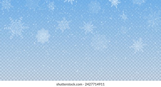 Christmas background with small falling snowflakes. Snow storm effect, blurred, cold wind with snow png. Holiday powder snow for cards, invitations, banners, advertising.