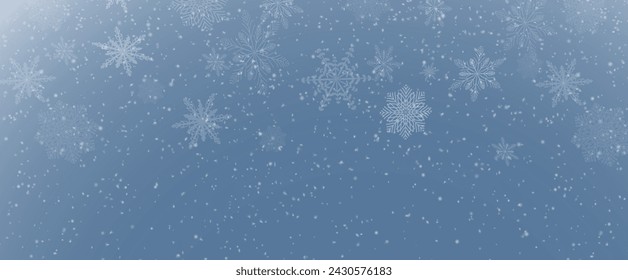 Fondo de Navidad con pequeños copos de nieve que caen. Efecto de tormenta de nieve, viento frío y borroso con nieve pong. Nieve en polvo de vacaciones para tarjetas, invitaciones, banners, publicidad.