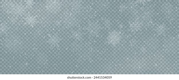 Christmas background with small falling snowflakes. Snow storm effect, blurred, cold wind with snow png. Holiday powder snow for cards, invitations, banners, advertising.