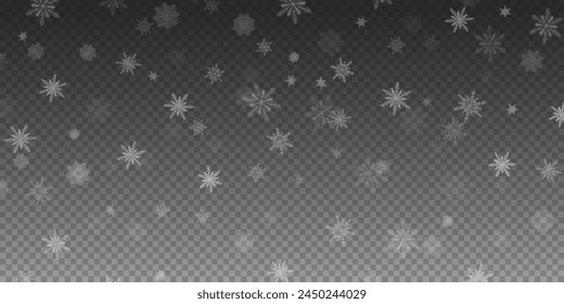 Christmas background with small falling snowflakes. Snow storm effect, blurred, cold wind with snow png. Holiday powder snow for cards, invitations, banners, advertising.