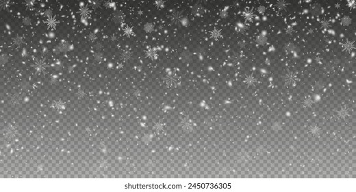 Christmas background with small falling snowflakes. Snow storm effect, blurred, cold wind with snow png. Holiday powder snow for cards, invitations, banners, advertising.