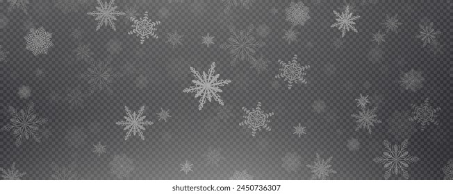 Christmas background with small falling snowflakes. Snow storm effect, blurred, cold wind with snow png. Holiday powder snow for cards, invitations, banners, advertising.