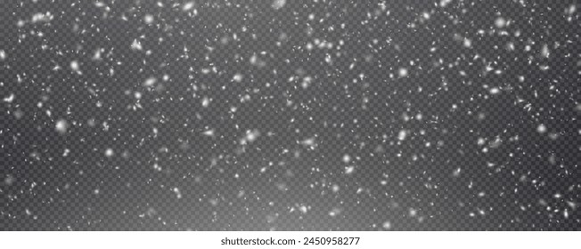 Christmas background with small falling snowflakes. Snow storm effect, blurred, cold wind with snow png. Holiday powder snow for cards, invitations, banners, advertising.