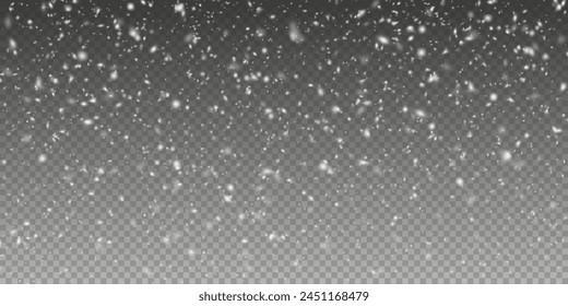 Christmas background with small falling snowflakes. Snow storm effect, blurred, cold wind with snow png. Holiday powder snow for cards, invitations, banners, advertising.