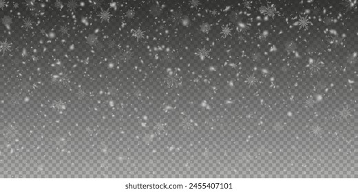 Christmas background with small falling snowflakes. Snow storm effect, blurred, cold wind with snow png. Holiday powder snow for cards, invitations, banners, advertising.