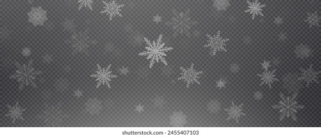 Christmas background with small falling snowflakes. Snow storm effect, blurred, cold wind with snow png. Holiday powder snow for cards, invitations, banners, advertising.
