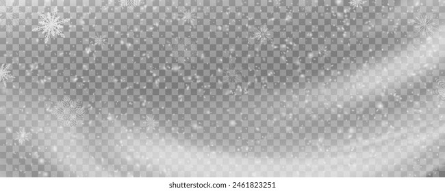 Christmas background with small falling snowflakes. Snow storm effect, blurred, cold wind with snow png. Holiday powder snow for cards, invitations, banners, advertising.