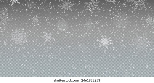 Christmas background with small falling snowflakes. Snow storm effect, blurred, cold wind with snow png. Holiday powder snow for cards, invitations, banners, advertising.