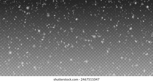 Christmas background with small falling snowflakes. Snow storm effect, blurred, cold wind with snow png. Holiday powder snow for cards, invitations, banners, advertising.