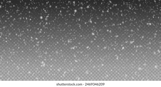 Christmas background with small falling snowflakes. Snow storm effect, blurred, cold wind with snow png. Holiday powder snow for cards, invitations, banners, advertising.