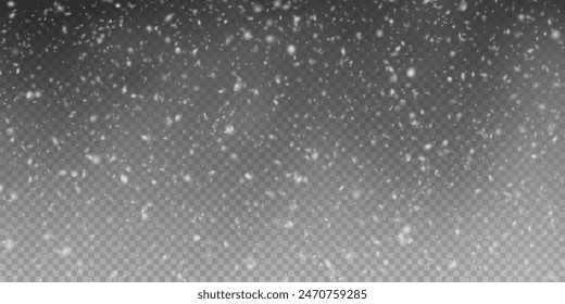 Christmas background with small falling snowflakes. Snow storm effect, blurred, cold wind with snow png. Holiday powder snow for cards, invitations, banners, advertising.