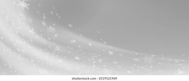 Christmas background with small falling snowflakes. Snow storm effect, blurred, cold wind with snow png. Holiday powder snow for cards, invitations, banners, advertising.