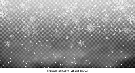 Christmas background with small falling snowflakes. Snow storm effect, blurred, cold wind with snow png. Holiday powder snow for cards, invitations, banners, advertising.