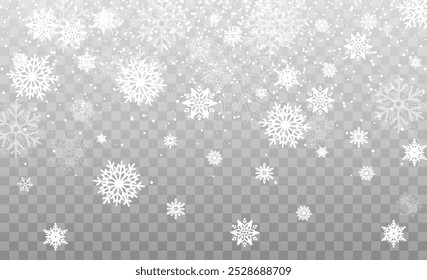 Christmas background with small falling snowflakes. Snow storm effect, blurred, cold wind with snow png. Holiday powder snow for cards, invitations, banners, advertising.