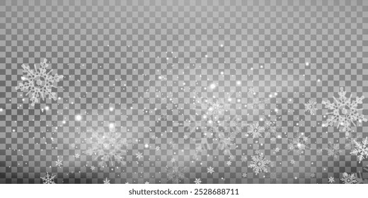 Christmas background with small falling snowflakes. Snow storm effect, blurred, cold wind with snow png. Holiday powder snow for cards, invitations, banners, advertising.