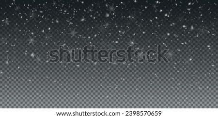 Christmas background with small falling snowflakes. Snow storm effect, blurred, cold wind with snow png. Holiday powder snow for cards, invitations, banners, advertising.