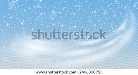 Christmas background with small falling snowflakes. Snow storm effect, blurred, cold wind with snow png. Holiday powder snow for cards, invitations, banners, advertising.