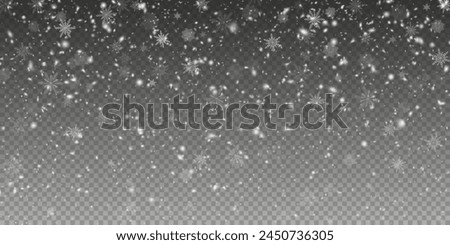 Christmas background with small falling snowflakes. Snow storm effect, blurred, cold wind with snow png. Holiday powder snow for cards, invitations, banners, advertising.