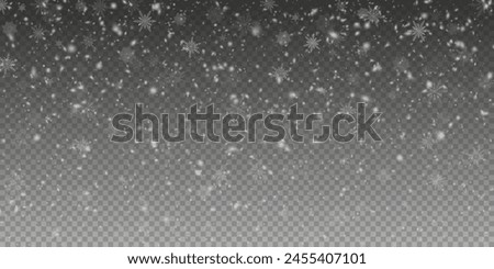 Christmas background with small falling snowflakes. Snow storm effect, blurred, cold wind with snow png. Holiday powder snow for cards, invitations, banners, advertising.