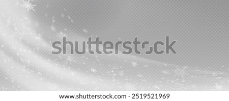 Christmas background with small falling snowflakes. Snow storm effect, blurred, cold wind with snow png. Holiday powder snow for cards, invitations, banners, advertising.