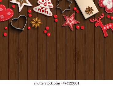 Christmas background, small  red seasonal decorations, lying on brown wooden background, inspired by flat lay style, vector illustration, eps 10 with transparency