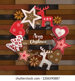 Christmas background, small Scandinavian styled red decorations lying on wooden parquet background, inspired by flat lay style, with text Merry Christmas, framed by abstract leaf wreath, vector