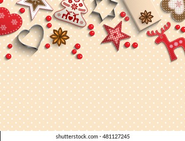 Christmas background, small scandinavian styled red decorations lying on beige polka dot patterned background, inspired by flat lay style, vector illustration, eps 10 with transparency