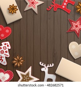 Christmas background, small scandinavian styled red decorations lying on dark brown wooden desk, inspired by flat lay style, vector illustration, eps 10 with transparency