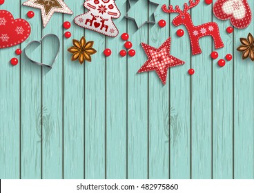 Fondo navideño, pequeñas decoraciones de estilo escandinavo rojo sobre fondo de madera azul, inspiradas en el estilo de la capa plana, ilustración vectorial, eps 10 con transparencia