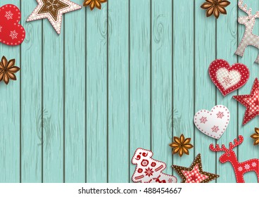 Christmas background, small scandinavian styled red decorations lying on blue wooden background, inspired by flat lay style, vector illustration, eps 10 with transparency