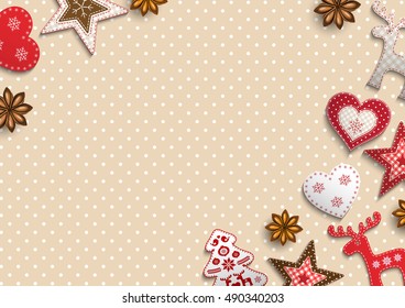 Christmas background, small scandinavian styled red decorations lying on beige polka dot patterned background, inspired by flat lay style, vector illustration, eps 10 with transparency
