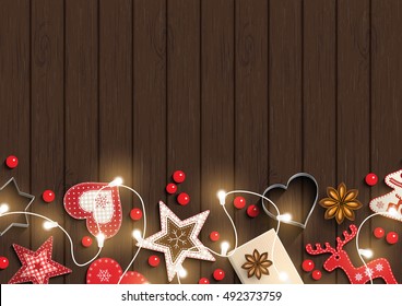 Christmas background, small scandinavian styled red decorations iluminated by electric decorative lights lying on dark brown wooden desk, inspired by flat lay style, vector illustration, eps 10 with