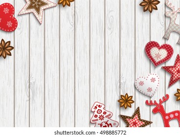 Christmas background, small scandinavian styled red decorations lying on white wooden desk, inspired by flat lay style, vector illustration, eps 10 with transparency