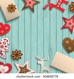 Christmas background, small scandinavian styled red decorations lying on blue wooden desk, inspired by flat lay style, vector illustration, eps 10 with transparency