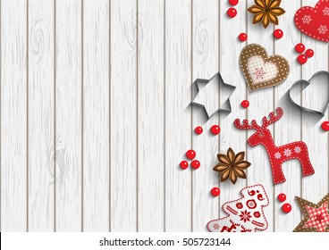 Christmas background, small scandinavian styled red decorations, berries and cutting forms lying on white wooden background, inspired by flat lay style, vector illustration, eps 10 with transparency