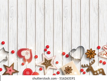 Christmas background, small scandinavian styled red decorations lying on white wooden background, inspired by flat lay style, vector illustration, eps 10 with transparency