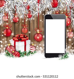Christmas background with smartphone, snow, gift, twigs and red baubles. Eps 10 vector file.