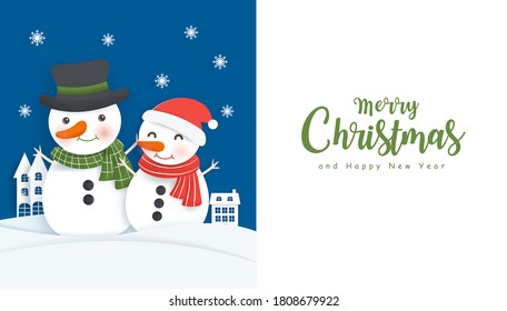 Christmas background with snoman and copy space in paper cut style.