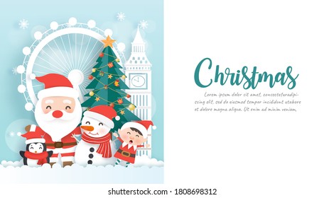 Christmas background with snoman and copy space in paper cut style.