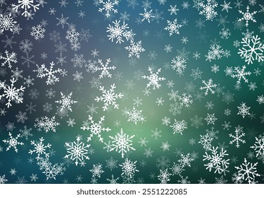 Weihnachtshintergrund mit Schnee fällt auf unscharfem Hintergrund. Schneeflocken, steil auf weichem Hintergrund