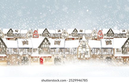 Christmas background. Snow is falling. Snow-covered houses of the old town. Highly realistic illustration.